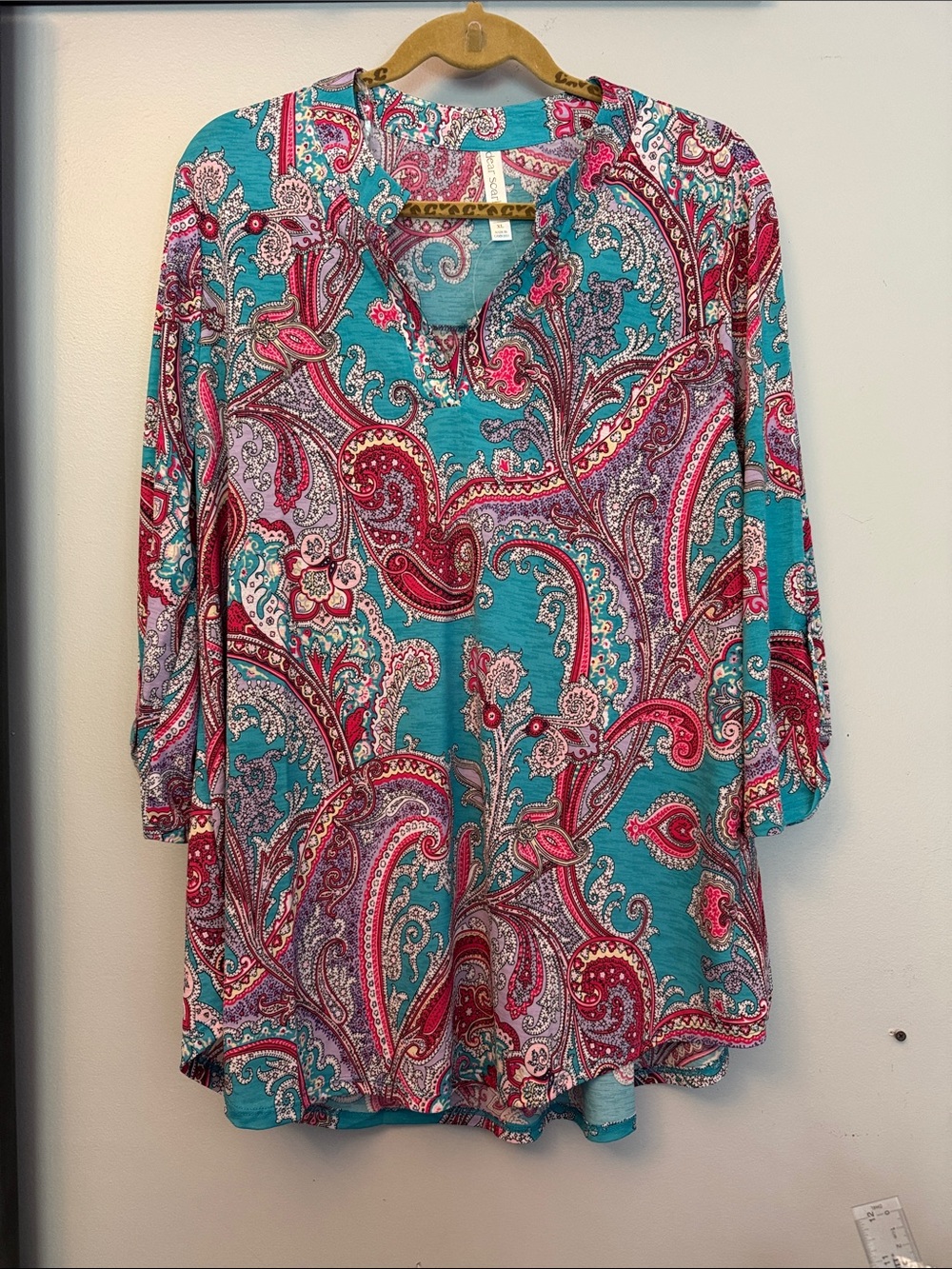 Paisley V-Neck Tunic in Teal & Pink